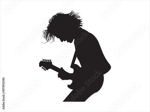 Black silhouette of a man playing electric guitar flat vector, guitar player. rock music vector illustration
