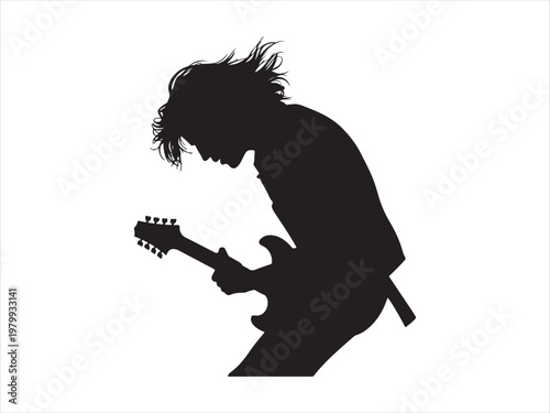 Black silhouette of a man playing electric guitar flat vector, guitar player. rock music vector illustration