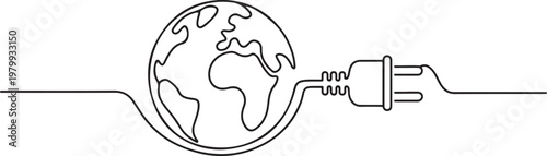 Earth with electric plug in continuous one line drawing. Eco-friendly energy concept. one line Icon drawing