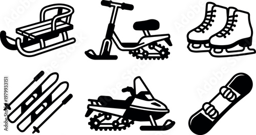 Black and white line art winter sports equipment icons including sled skis snowboard and ice skates
