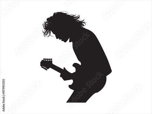 Black silhouette of a man playing electric guitar flat vector, guitar player. rock music vector illustration