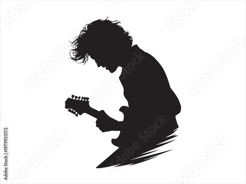 Black silhouette of a man playing electric guitar flat vector, guitar player. rock music vector illustration