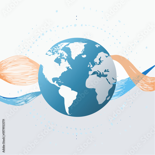 Modern graphic illustration of a planet Earth icon, intertwined with fluid artistic strokes, conveying global network and ecological balance