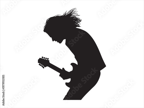 Black silhouette of a man playing electric guitar flat vector, guitar player. rock music vector illustration