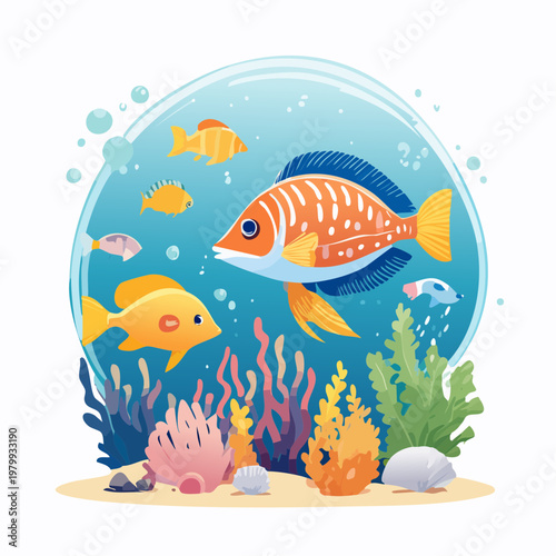 Underwater scene with colorful fish swimming among coral reefs and plants