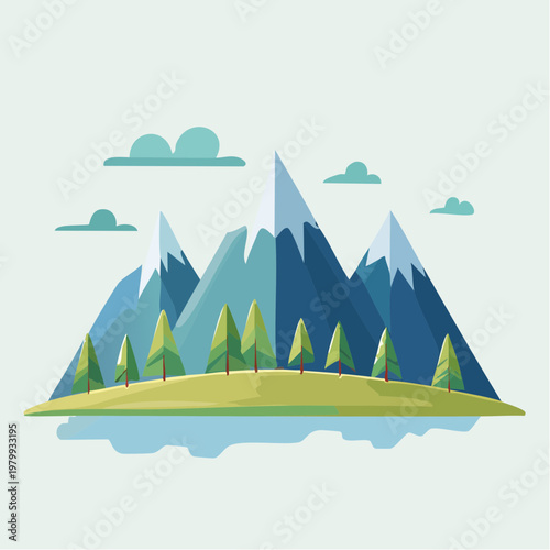 Stylized mountain landscape with snowy peaks, vibrant green trees, and calm waters under a soft sky, depicting an idyllic natural scene in flat design
