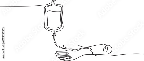 Blood donation in continuous line drawing. One single outline transfusion bag with hand. one line Icon drawing