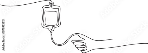 Blood donation in continuous line drawing. One single outline transfusion bag with hand. one line Icon drawing