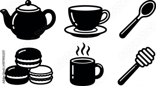 Black and white vector tea set with macarons spoon and honey dipper
