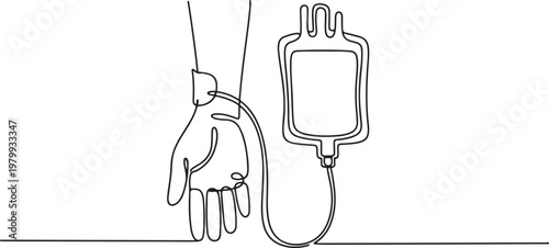 Blood donation in continuous line drawing. One single outline transfusion bag with hand. one line Icon drawing