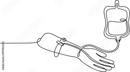 Blood donation in continuous line drawing. One single outline transfusion bag with hand. one line Icon drawing