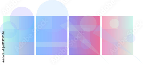 Abstract gradient backgrounds with geometric shapes and translucent circles in a modern, ethereal design, featuring a color palette from cool blues to warm pinks.
