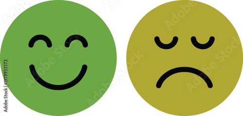 Happy and sad circular faces showing contrasting emotions for feedback and customer satisfaction survey indicators