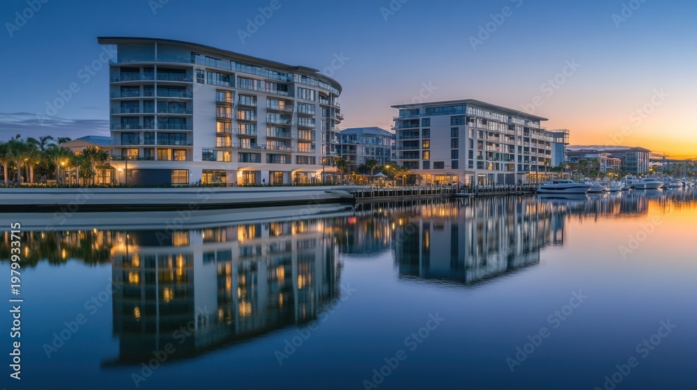 Fototapeta premium Discover the pinnacle of tranquil luxury where modern architecture meets the still waters of a sunset harbor.