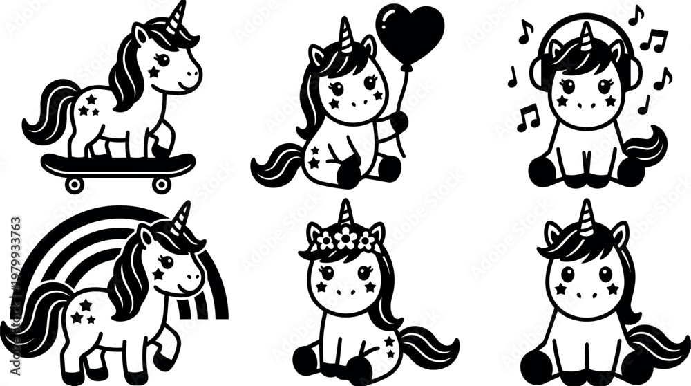 Obraz premium Cute black and white unicorns with balloon skateboard headphones and flower crown