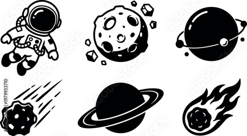 Black and white vector icons of astronaut meteor planet and comet space elements