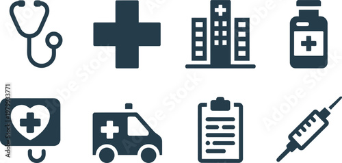 Collection of dark icons representing essential medical services and clinical diagnostic tools for professional healthcare facilities
