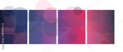 Abstract digital art featuring a horizontal sequence of four square panels with color gradients from blue to pink, overlaid with translucent geometric shapes and circles a modern and dynamic visual.