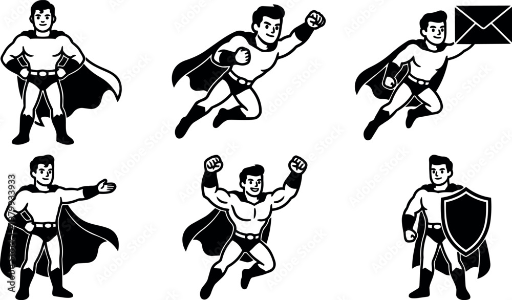 Fototapeta premium Superhero in different action poses holding shield and envelope
