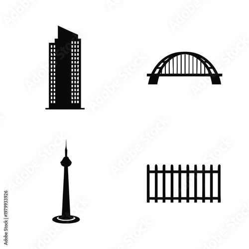 Black silhouettes of urban architecture and infrastructure elements including a skyscraper, arch bridge, communication tower, and picket fence on white.