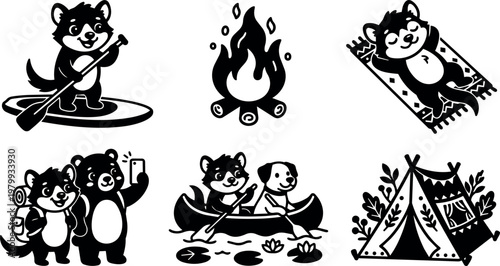 Black and white camping animals paddle canoe relax by campfire and tent vector art