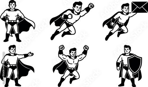 Superhero in different action poses holding shield and envelope