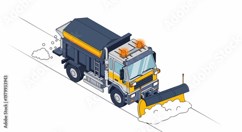 Isometric Snow Plow Truck Clearing Snowy Road and Spreading Salt