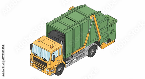 Isometric Garbage Truck and Recycling Bin Illustration - Waste Management and Sanitation Service Vehicle on White Background