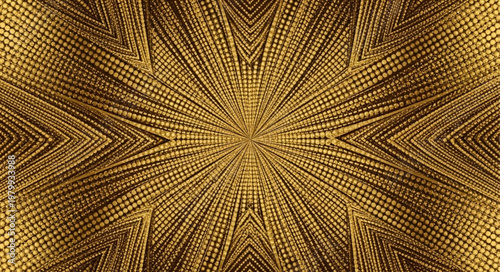 Golden geometric kaleidoscopic ornate mosaic star pattern.
