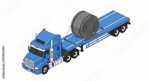 Isometric Blue Semi-Truck with Flatbed Trailer Transporting Large Steel Coil, Heavy Duty Logistics and Industrial Freight Transportation Illustration Isolated on White