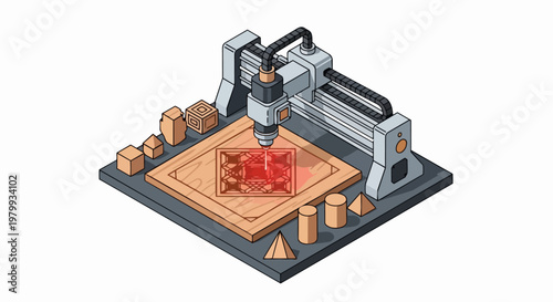 Wallpaper Mural Isometric Laser Engraving Machine and CNC Router Cutting Geometric Patterns on Wood Board, Industrial 3D Illustration of Modern Woodworking Technology Torontodigital.ca