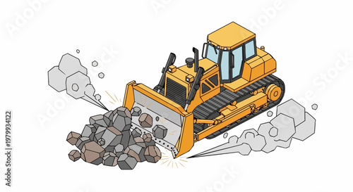 Wallpaper Mural Isometric Yellow Bulldozer Heavy Machinery Pushing Rocks and Debris Construction Illustration Torontodigital.ca