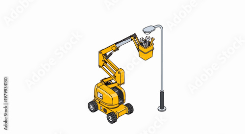 Isometric Illustration of a Yellow Cherry Picker Repairing a Street Lamp with Tools - Aerial Boom Lift Maintenance Concept