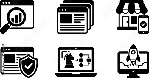 Black and white icons for web analytics security and startup launch technology
