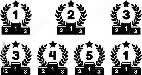Black laurels with star and numbers on winner podium vector icons