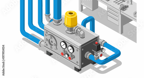 Isometric Industrial Pump and Piping System with Pressure Gauges and Control Panel in Workshop Environment - 3D Vector Illustration for Engineering and Manufacturing