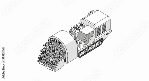 Heavy-Duty Continuous Mining Machine Road Header Illustration - Isometric Technical View of Underground Excavation Tunneling Equipment on White Background