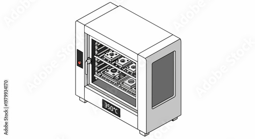 Isometric Line Art Illustration of an Industrial Heat Treatment Oven with Mechanical Parts at 350 Degrees Celsius