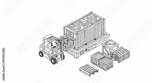 Wallpaper Mural Isometric Line Art Illustration of a Forklift Loading Cargo into a Shipping Container for Logistics and Supply Chain Concept Torontodigital.ca