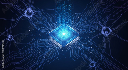 Glowing Neural Microchip Circuit Representing Artificial Intelligence.