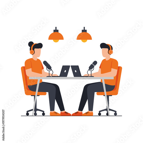 Two individuals conducting a virtual interview or podcast session with laptops and microphones