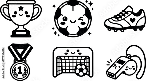 Cute soccer ball trophy medal goal whistle vector line art