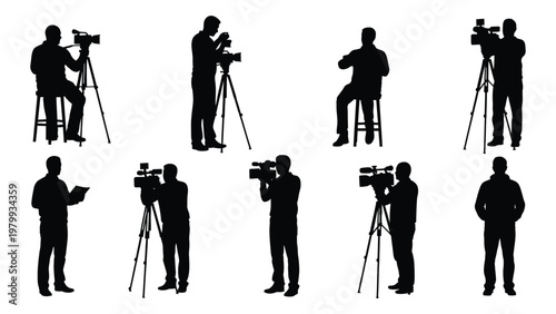 A collection of black silhouette figures depicting videographers and photographers operating cameras on tripods and observing high quality professional detailed modern