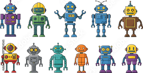 Retro Robot Character Icon Set with Vintage Cartoon Android Designs for Technology, Artificial Intelligence, and Futuristic Digital Applications