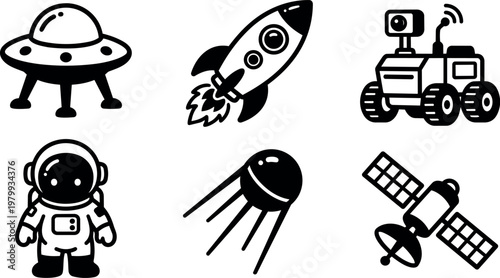 Black and white space icons rocket astronaut satellite and ufo vector art