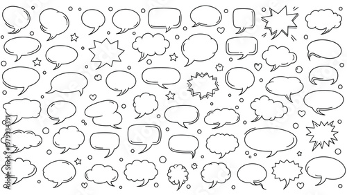 Diverse collection of hand drawn comic speech bubbles and thought clouds with various shapes and sizes for communication and graphic design elements.