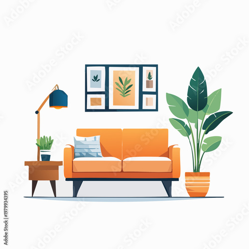 Cozy Living Room Interior Design with Orange Sofa and Potted Plants