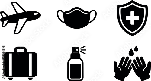 Black and white travel hygiene icons airplane mask suitcase sanitizer wash hands