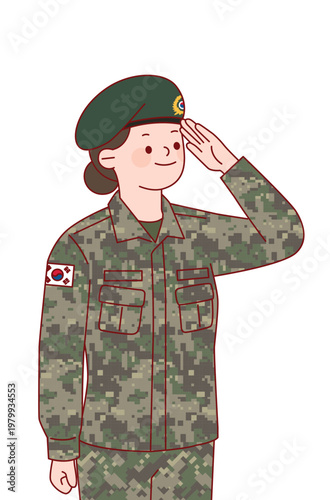 거수경례를 하는 대한민국 여군 캐릭터 일러스트, 국방 및 호국보훈 홍보용 디자인 소스 South Korean Female Soldier Character Saluting, Military Illustration for National Defense and Patriotic Services