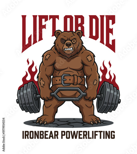 Aggressive cartoon brown bear with scars lifting heavy barbell weight with flames behind representing strength and determination in powerlifting sports vintage gym t-shirt design